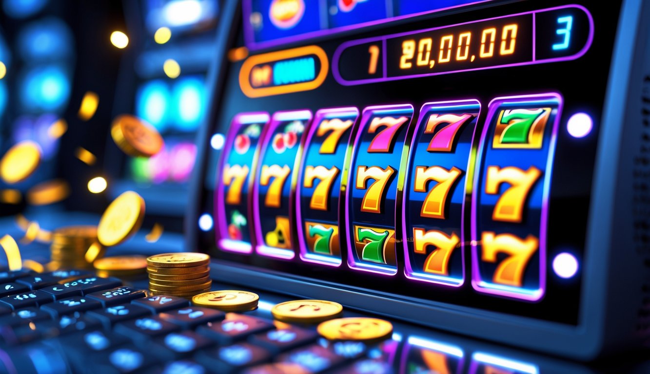 Tampilan dekat mesin slot digital dengan simbol warna-warni dan angka jackpot yang meningkat di layar perangkat.