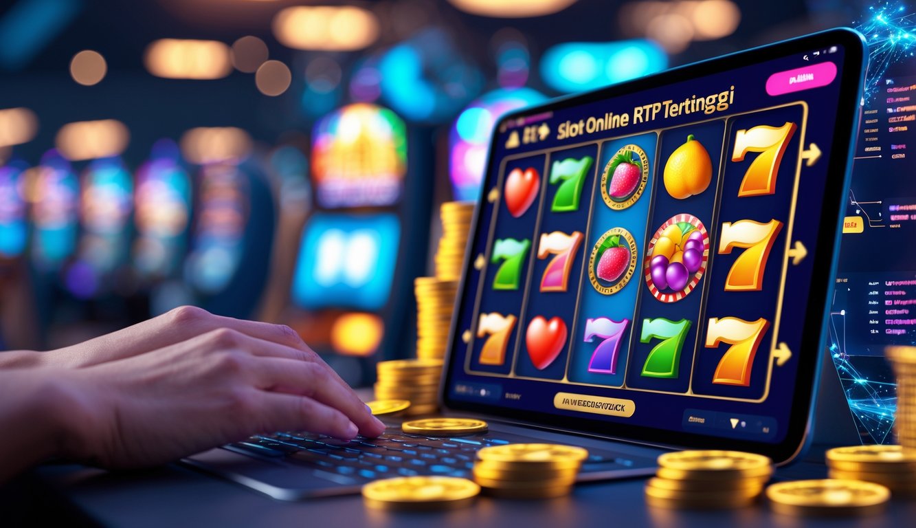Layar komputer menampilkan mesin slot online dengan gulungan berwarna cerah dan simbol buah serta koin emas yang berputar.