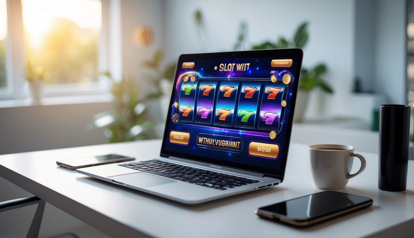 Seorang pengguna duduk di depan laptop dengan permainan slot online yang berwarna-warni di layar di sebuah ruang kerja rumah yang terang.
