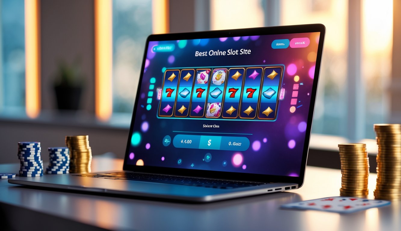 Sebuah laptop menampilkan permainan slot online dengan chip poker dan koin emas di meja yang rapi.