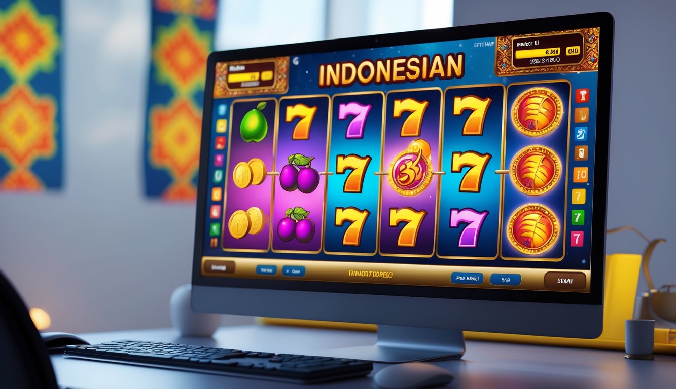 Tampilan komputer dengan permainan slot online yang berwarna-warni dan latar belakang dengan pola batik Indonesia.