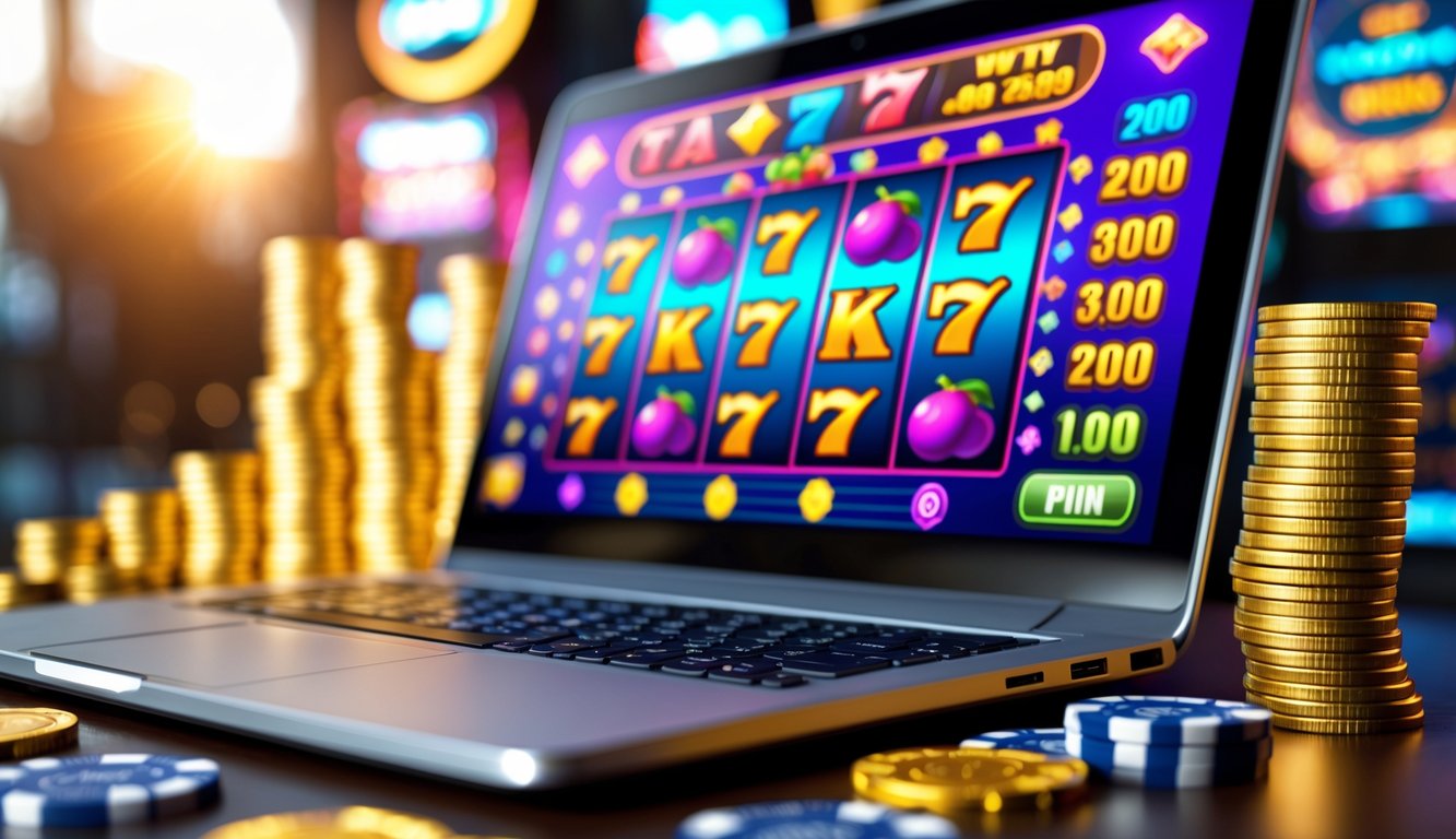 Layar komputer menampilkan permainan slot online dengan gulungan berwarna-warni dan tumpukan koin emas di sekitarnya.