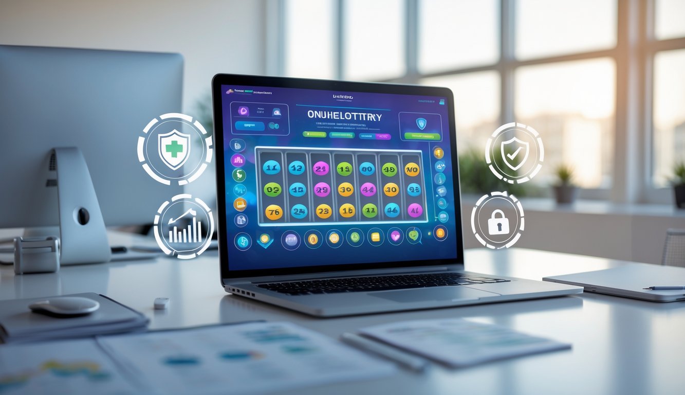 Seorang profesional menggunakan laptop di meja kerja dengan tampilan permainan angka dan simbol keamanan di sekitar, di dalam ruangan kantor yang terang.