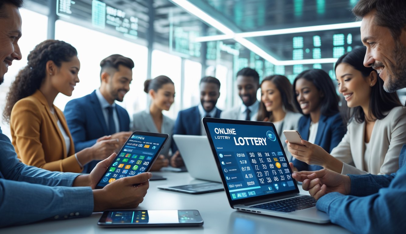 Sekelompok orang menggunakan perangkat digital untuk bermain lotere online dalam suasana kantor modern yang terang dan profesional.