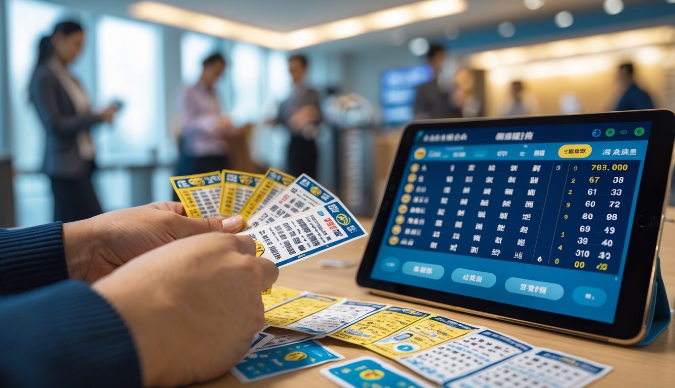 Tangan seseorang memegang tiket lotere dan pena dengan tablet digital yang menampilkan angka, di ruangan dengan beberapa orang yang sedang berdiskusi.