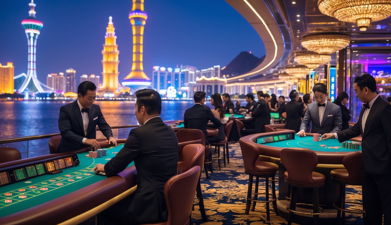 Pemandangan malam kota Macau dengan gedung-gedung terkenal dan orang-orang bermain judi di kasino.