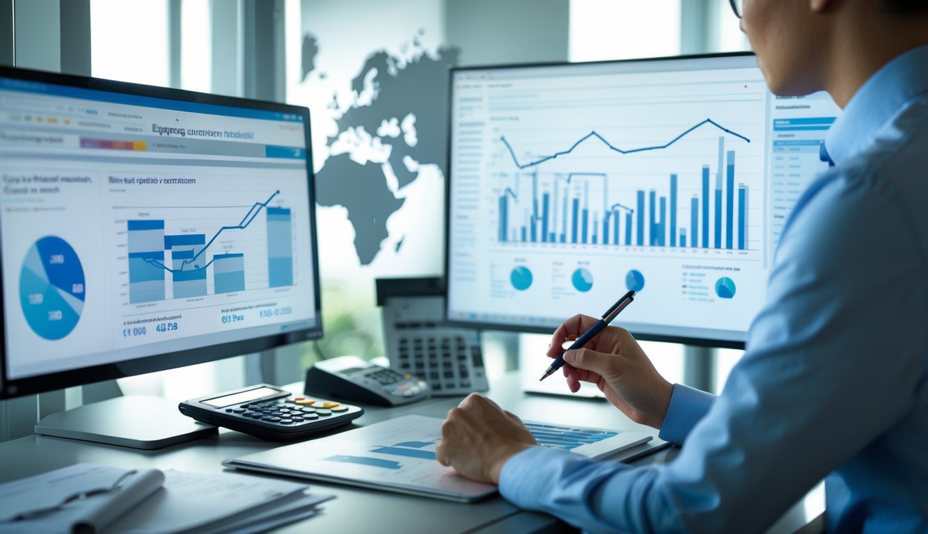 Seorang profesional di kantor sedang menganalisis data angka di depan komputer dengan grafik dan peta Singapura di latar belakang.