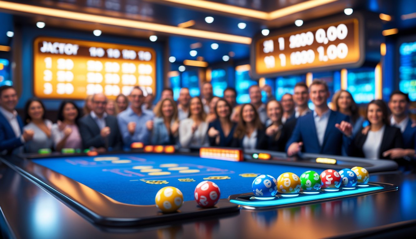 Meja permainan lotre mewah dengan bola warna-warni dan tampilan jackpot besar di latar belakang, dikelilingi oleh orang-orang yang merayakan kemenangan.