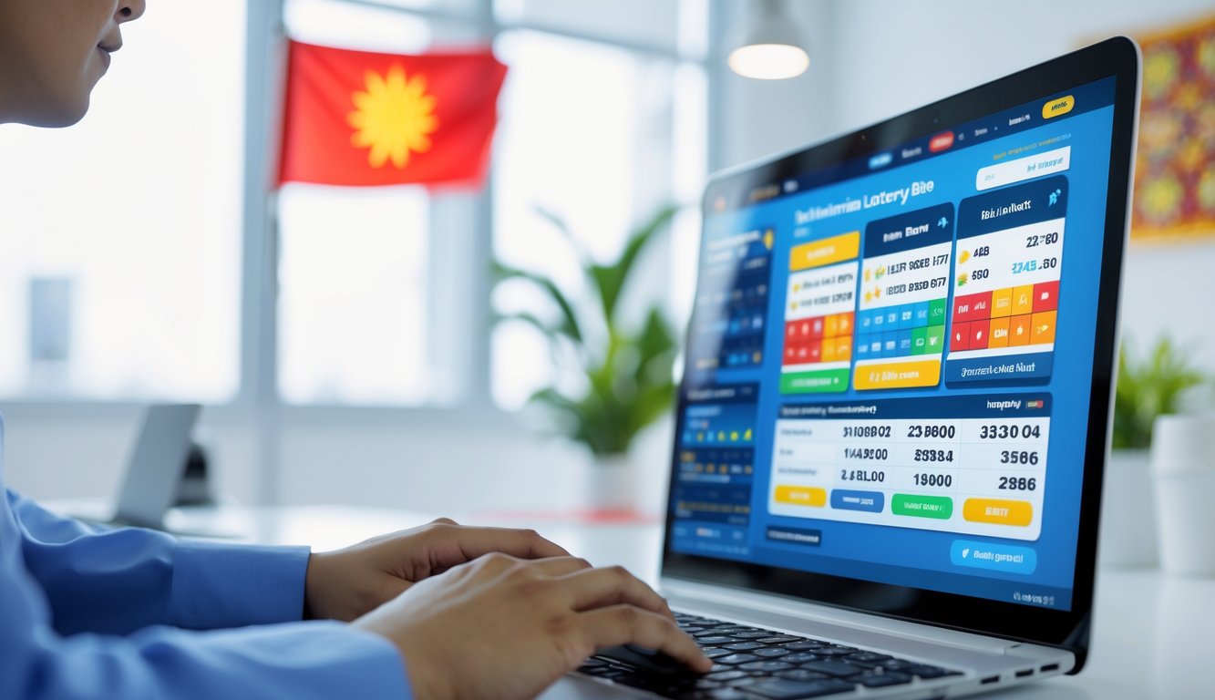 Seseorang menggunakan komputer dengan layar menampilkan situs togel Indonesia terbaik di lingkungan kantor yang rapi.