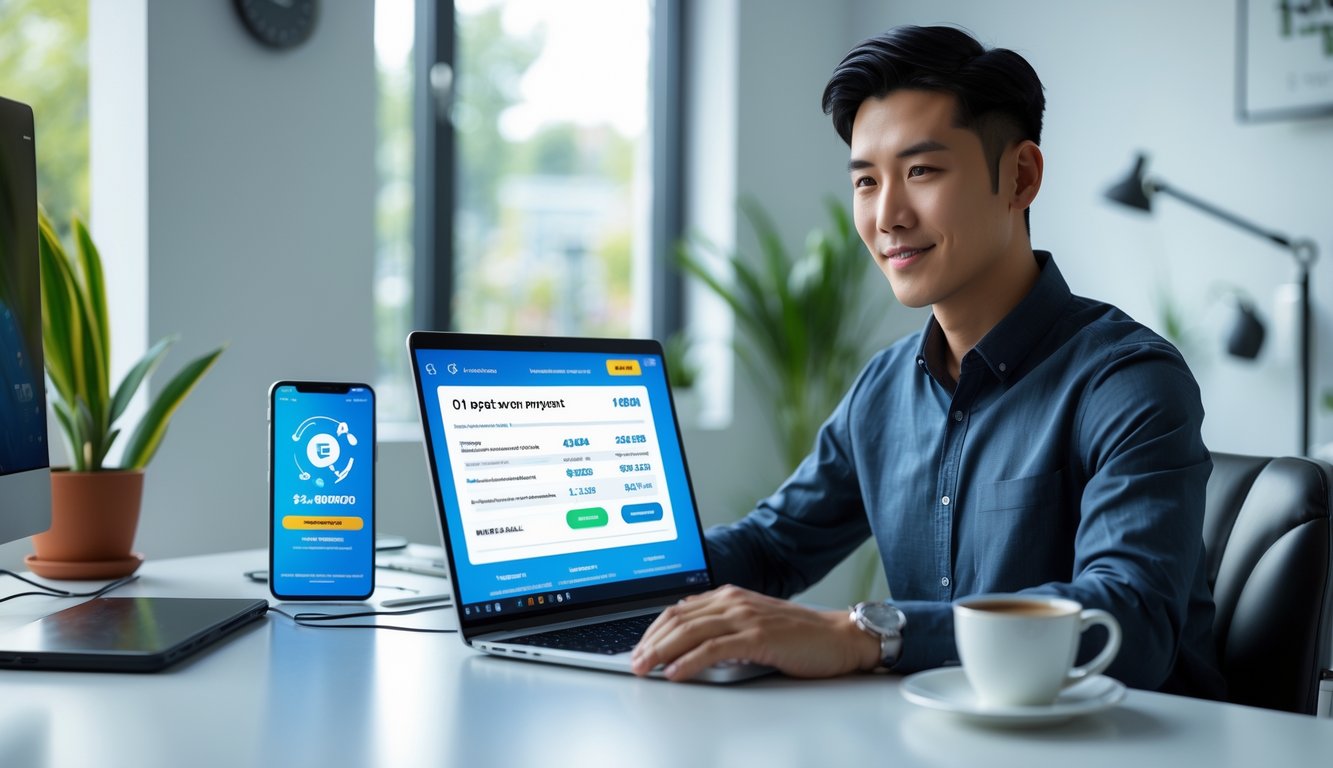 Seorang pria muda duduk di meja dengan laptop dan ponsel di ruang kerja yang rapi dan terang.