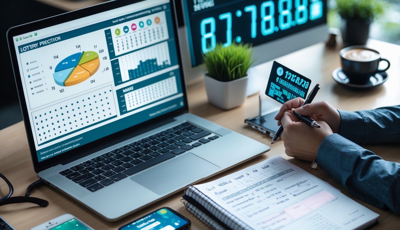 Seorang pria duduk di meja kerja dengan laptop dan catatan, menganalisis data angka untuk prediksi togel hari ini.