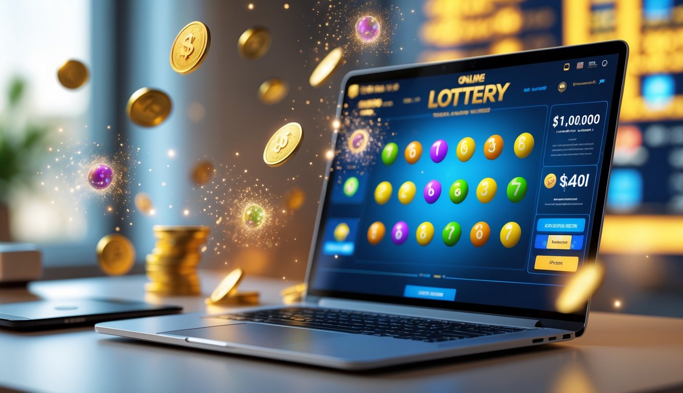 Laptop di atas meja menampilkan situs togel online dengan bola togel berwarna-warni dan simbol bonus di sekitar layar.
