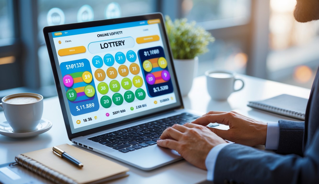 Seseorang menggunakan laptop di meja kerja dengan layar menampilkan angka lotere dan grafik warna-warni.