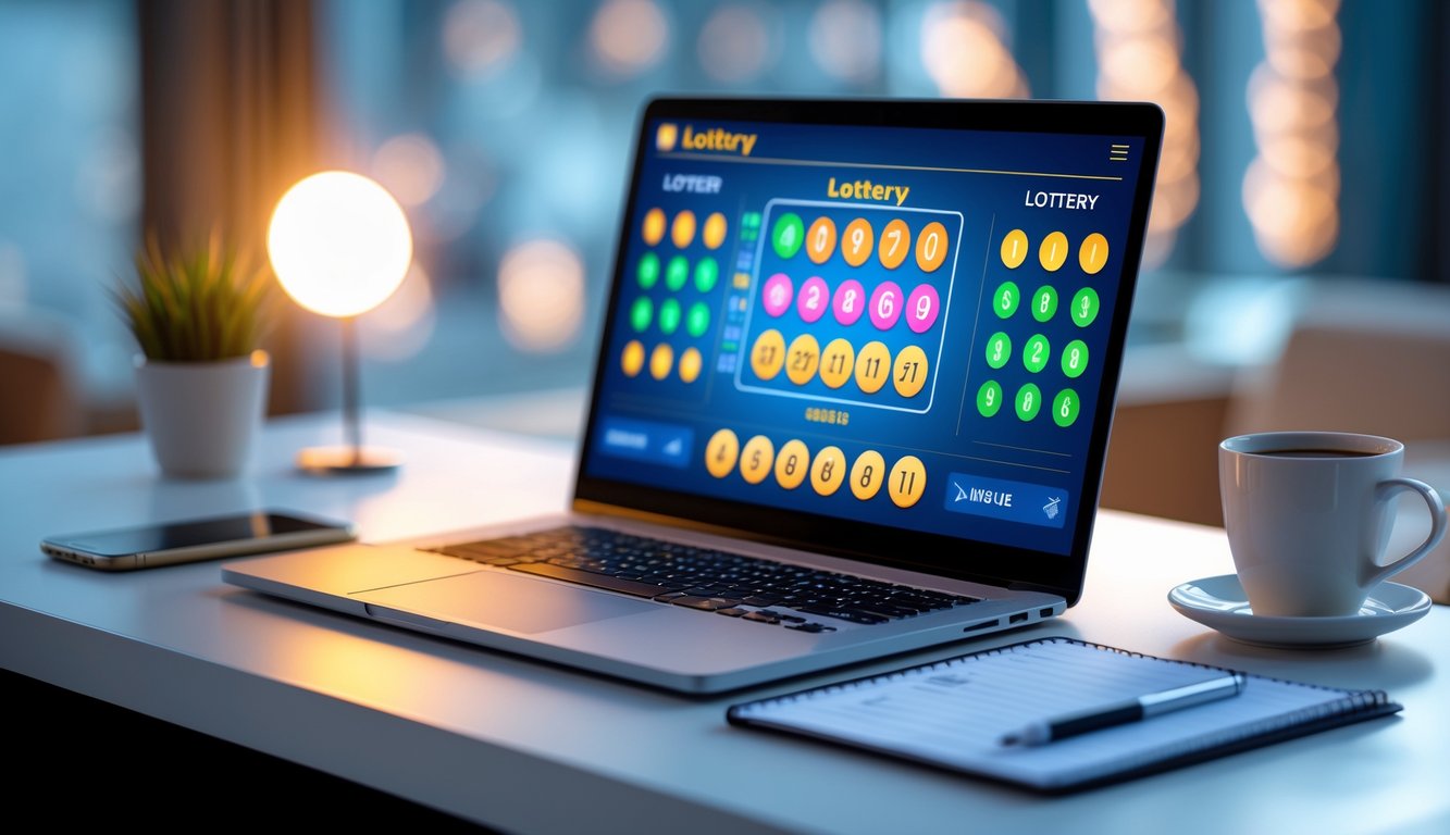 Seorang pria menggunakan laptop di meja dengan layar menampilkan angka lotere dan grafik digital, dikelilingi oleh ponsel, cangkir kopi, dan buku catatan.