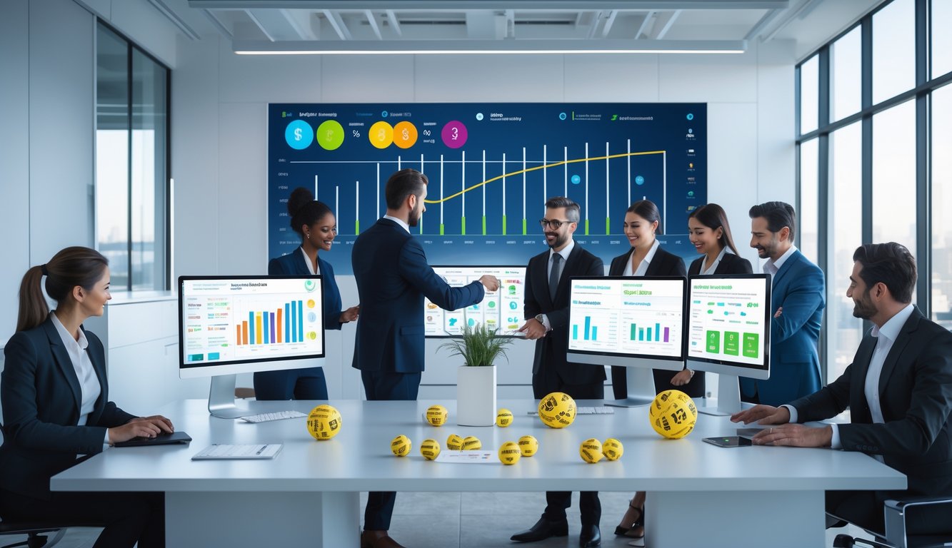 Sekelompok profesional di kantor modern sedang menganalisis data lotere di depan layar komputer.