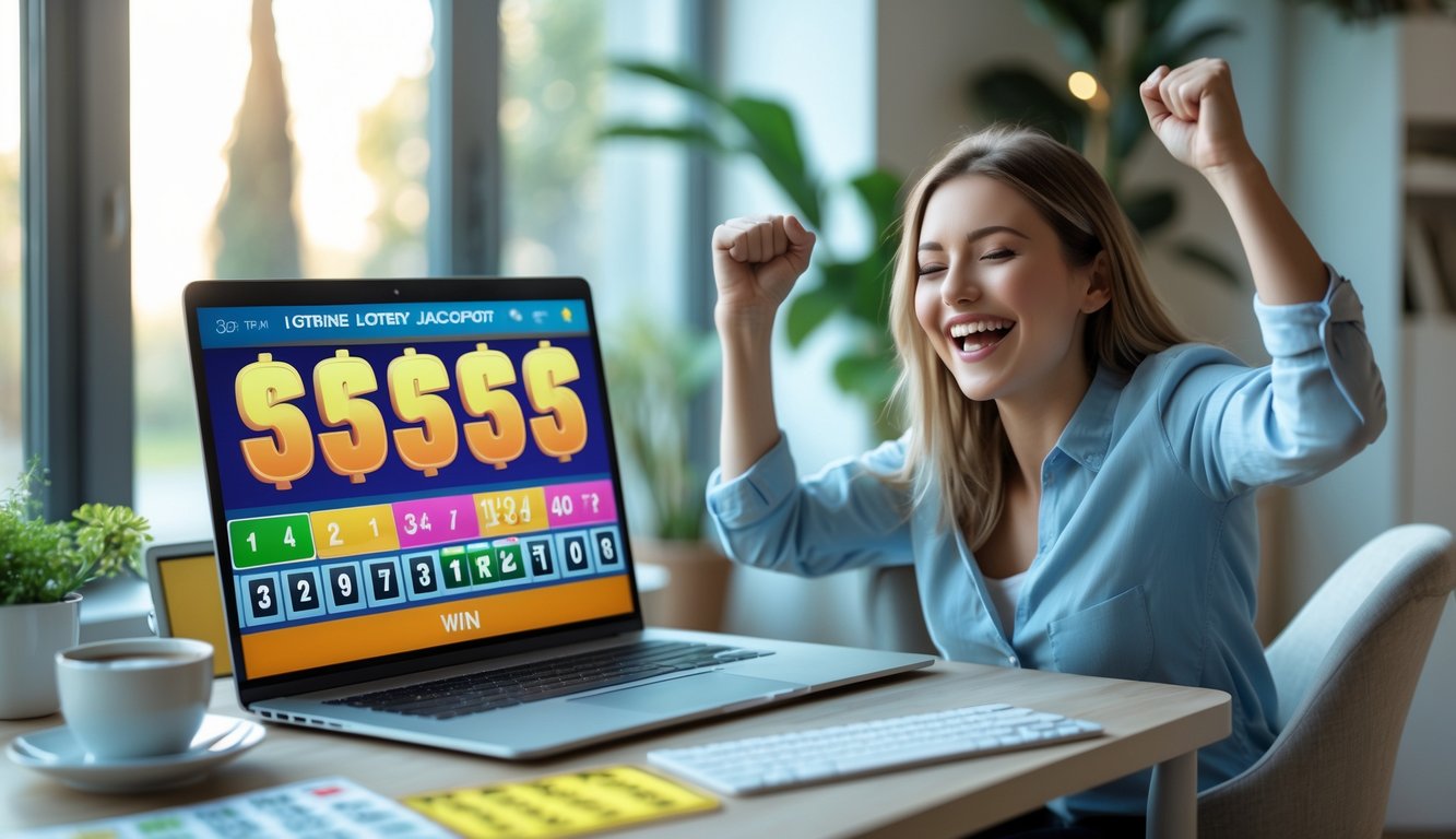 Seseorang merayakan kemenangan jackpot besar togel online di ruang kerja rumah dengan laptop dan ponsel di meja.