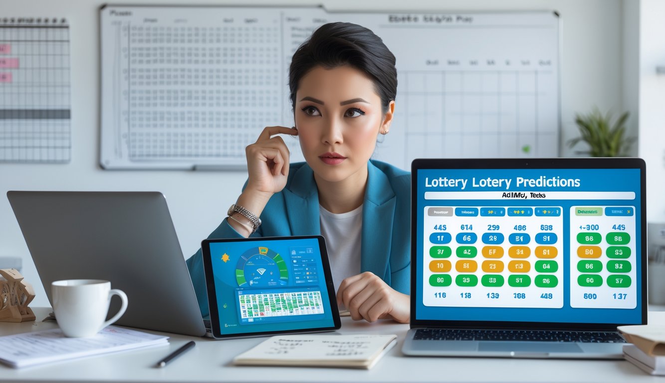 Seseorang sedang duduk di meja kerja dengan perangkat digital yang menampilkan grafik dan angka, terlihat fokus menganalisis data prediksi togel.
