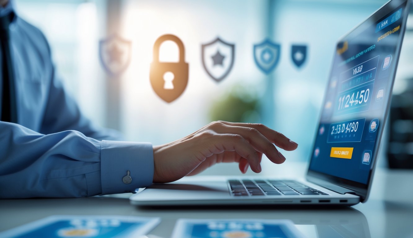 Seseorang menggunakan laptop di kantor modern dengan latar belakang simbol keamanan yang samar.