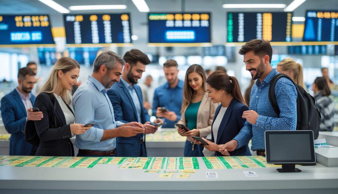 Orang-orang sedang memeriksa tiket togel dan berdiskusi di pasar togel yang ramai dan terorganisir dengan baik.