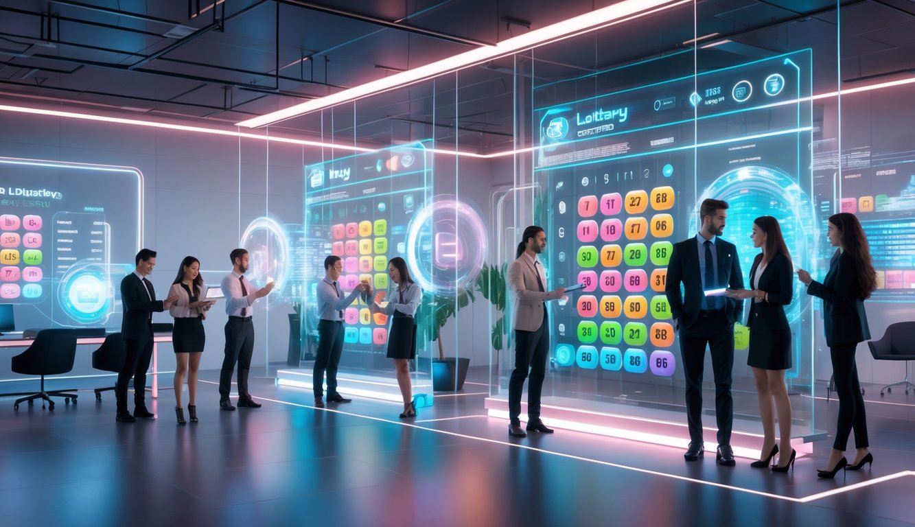 Sejumlah profesional muda sedang bekerja dengan layar digital yang menampilkan angka dan grafik lotere di ruang kantor modern.