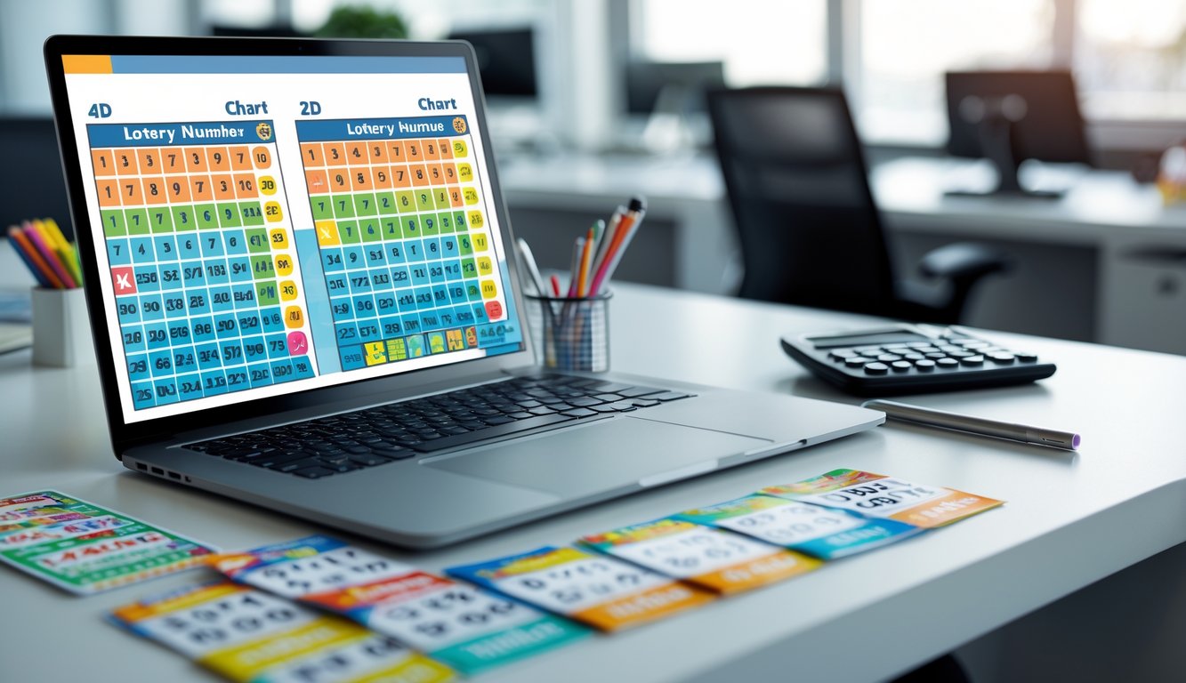Meja kerja modern dengan laptop, tiket lotre, pena, dan kalkulator yang menunjukkan aktivitas terkait permainan angka togel 4D, 3D, dan 2D.