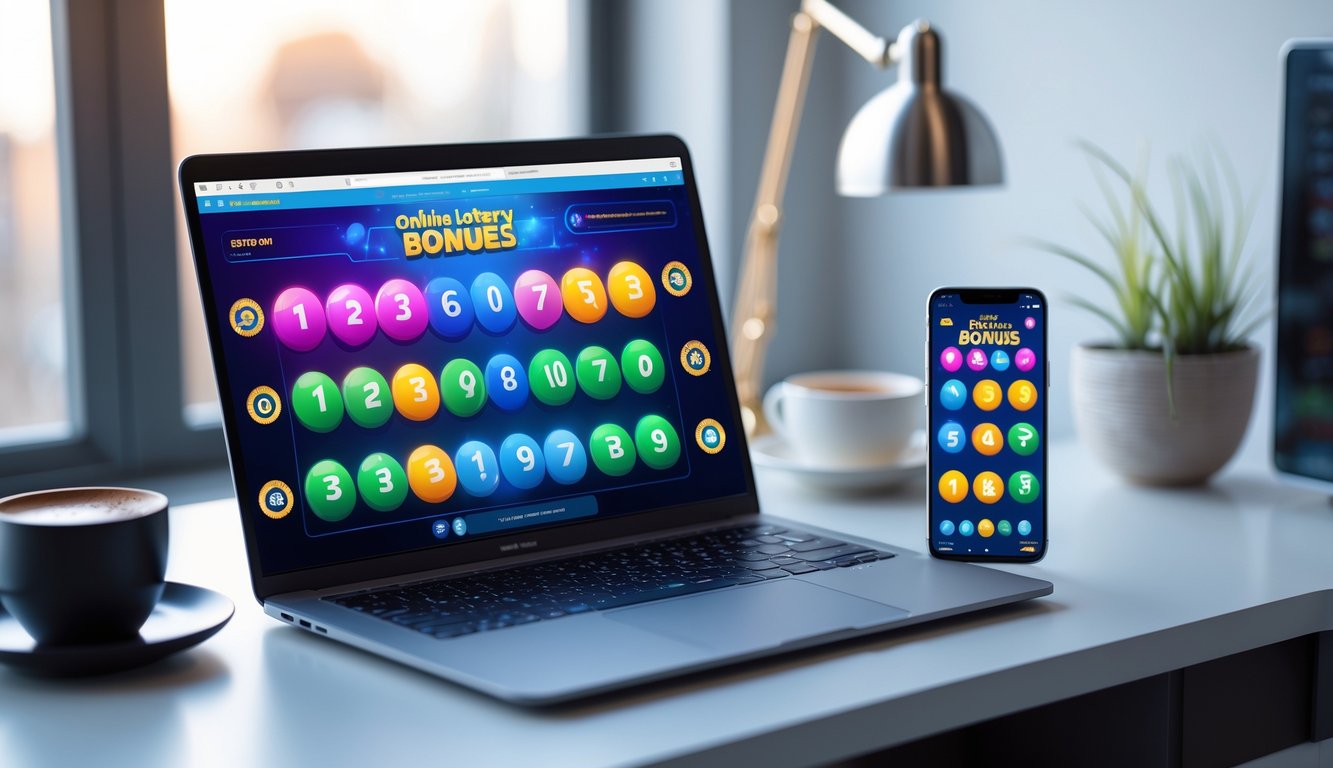 Sebuah meja kerja modern dengan laptop dan ponsel yang menampilkan layar aplikasi togel online, dikelilingi oleh secangkir kopi dan tanaman kecil.