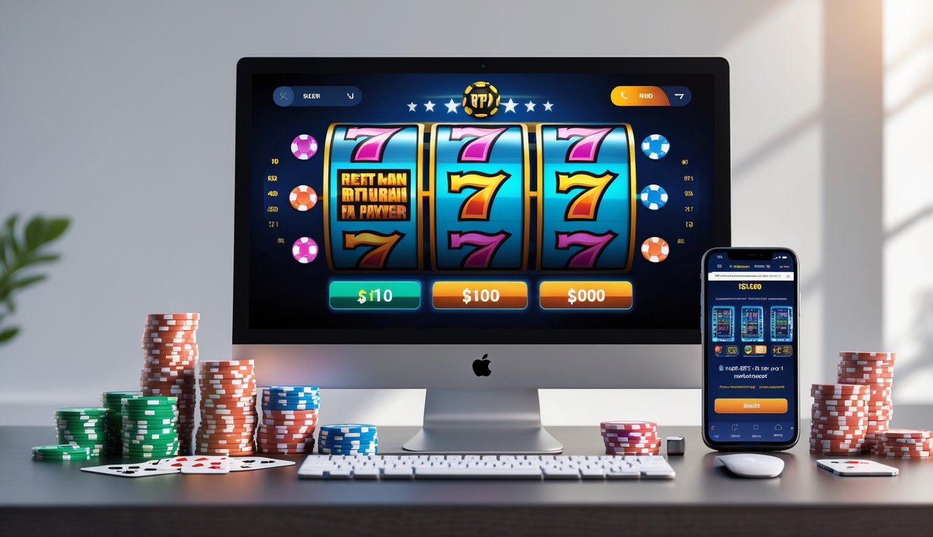 Meja kerja dengan monitor menampilkan permainan slot online dan elemen perjudian seperti chip poker dan kartu remi.