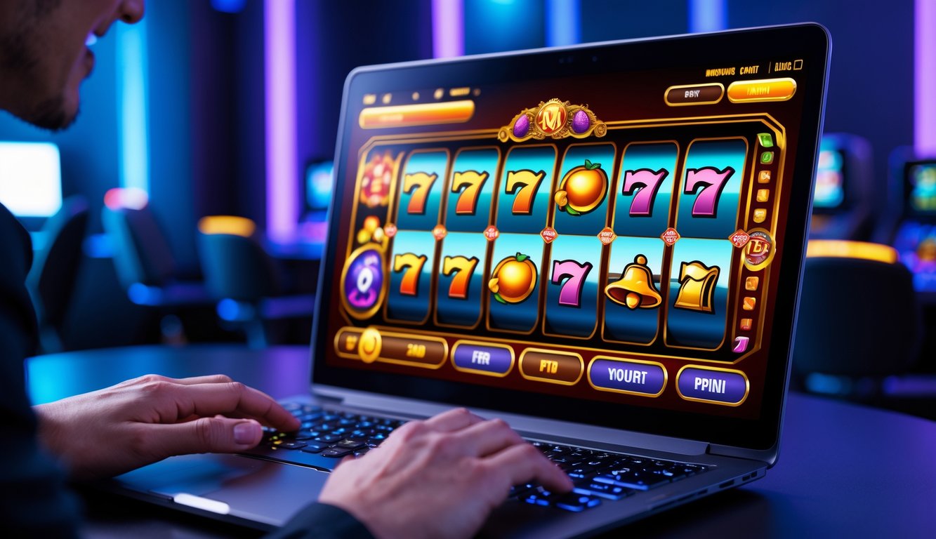 Seseorang menggunakan laptop dengan tampilan mesin slot online berwarna-warni di layar dalam ruangan bermain dengan pencahayaan biru dan ungu.