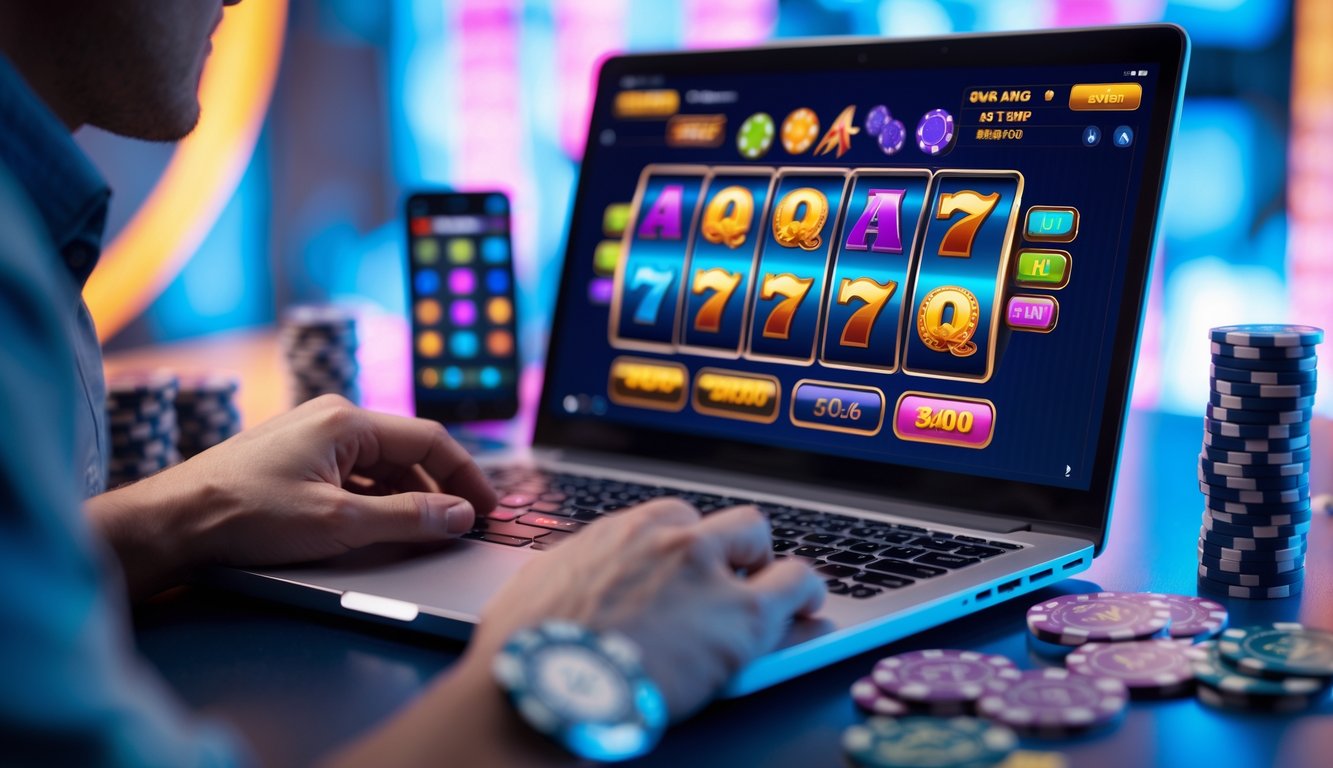 Sebuah laptop modern menampilkan permainan slot online dengan chip poker dan kartu di sekitarnya di atas meja kerja.