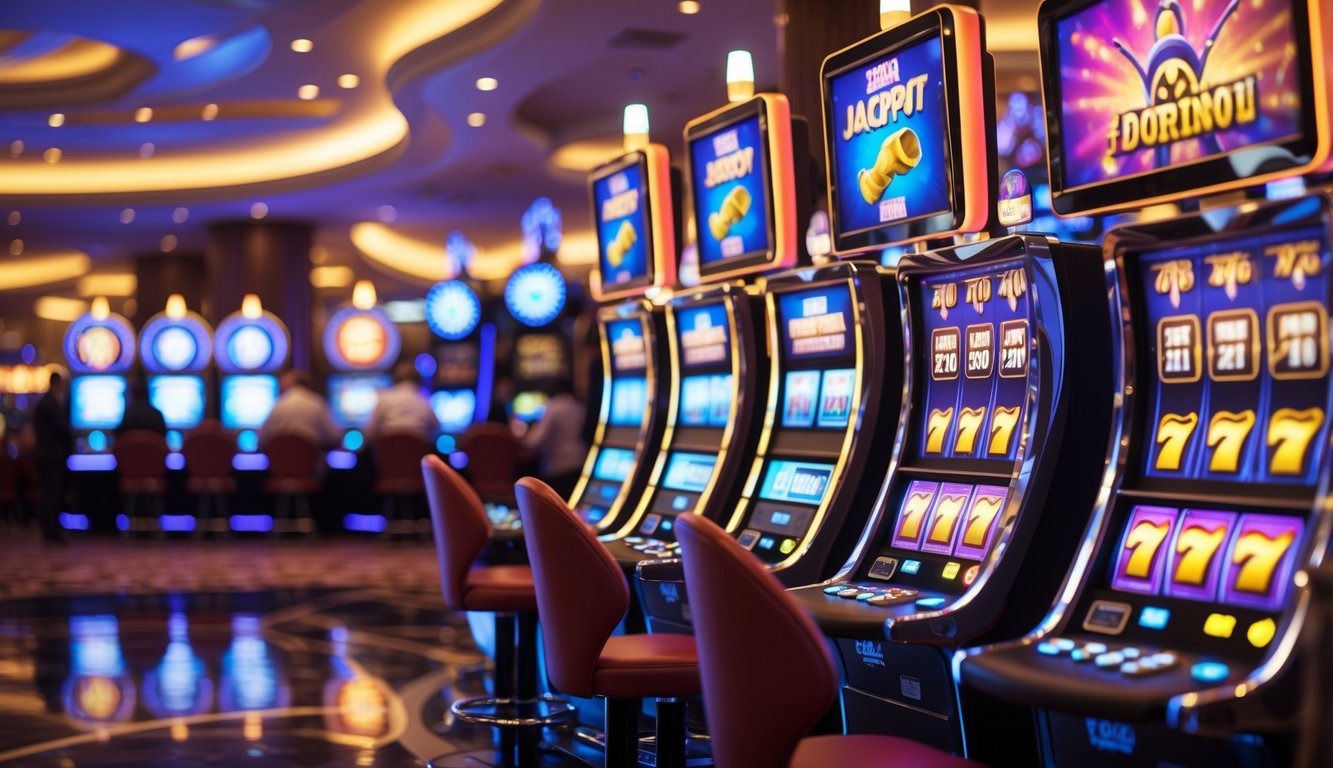 Area mesin slot di kasino modern dengan mesin slot menyala dan suasana mewah.
