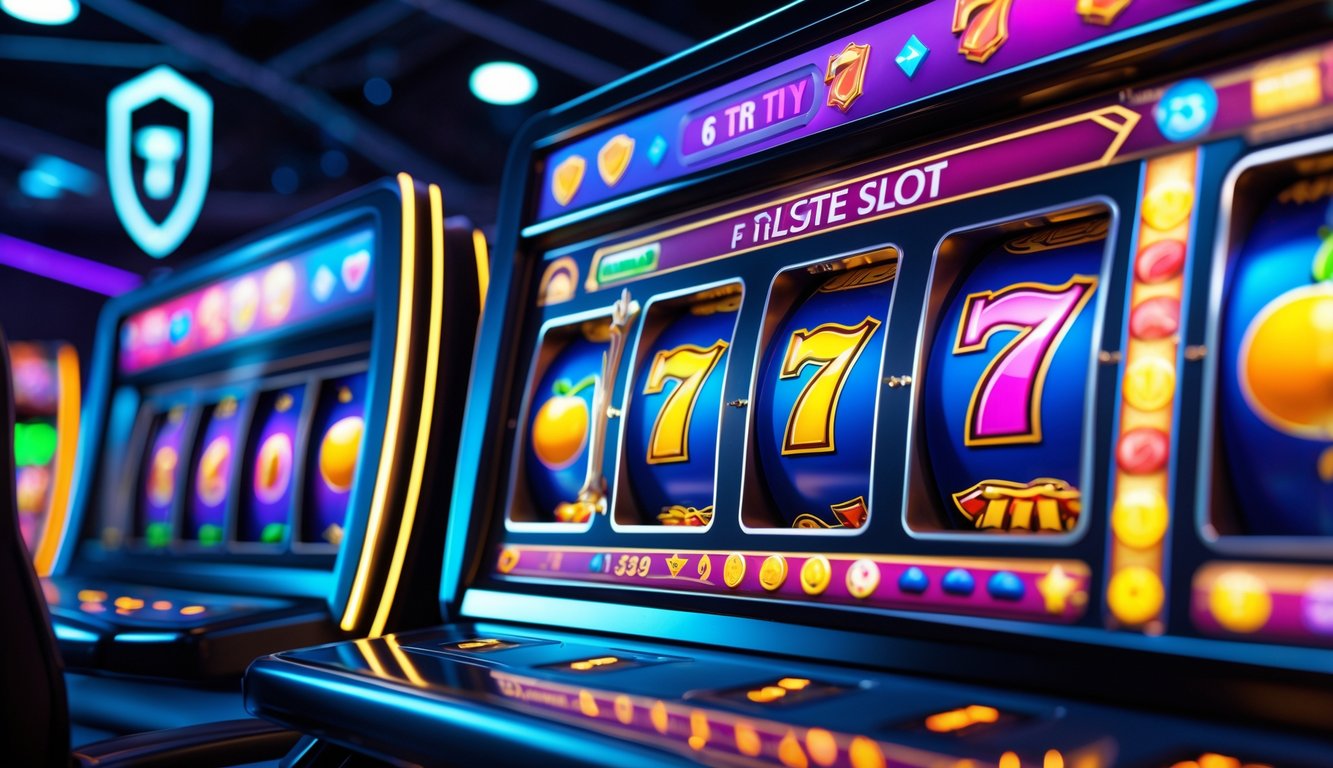 Antarmuka permainan slot online modern dengan simbol warna-warni dan elemen keamanan yang menunjukkan kepercayaan.