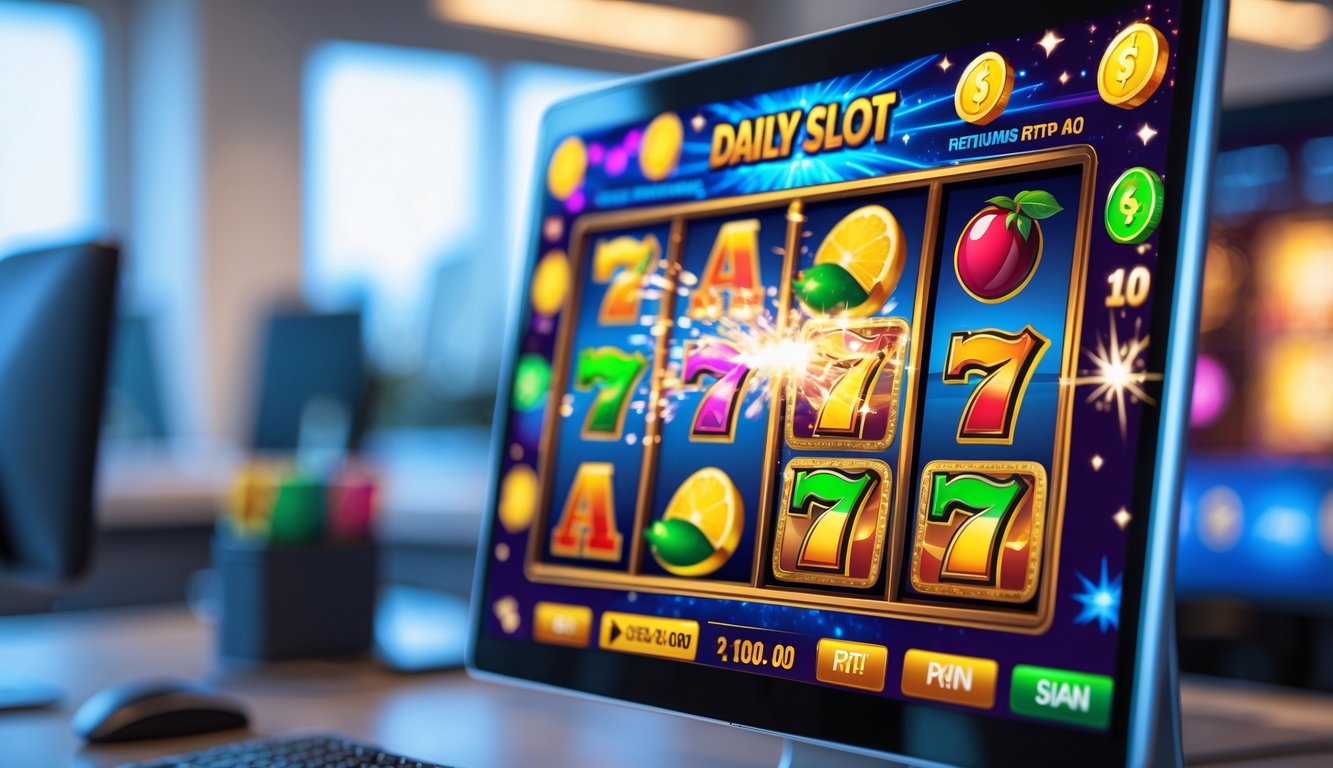 Tampilan layar komputer modern dengan permainan slot online penuh warna dan simbol keberuntungan, di latar belakang kantor dengan pencahayaan alami.