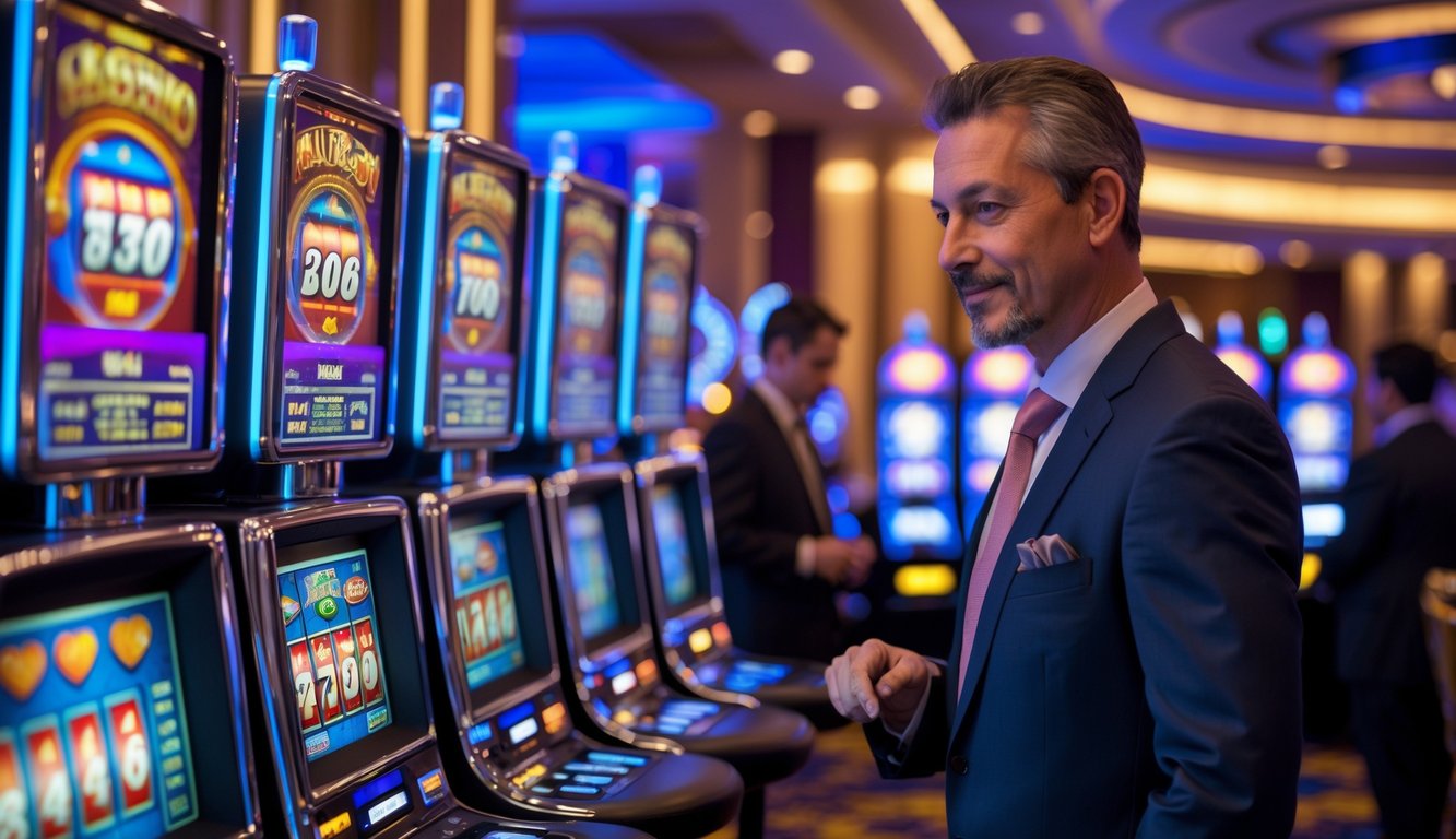 Seorang pria dewasa sedang memperhatikan mesin slot di lantai kasino dengan beberapa mesin slot berwarna-warni di sekitarnya.