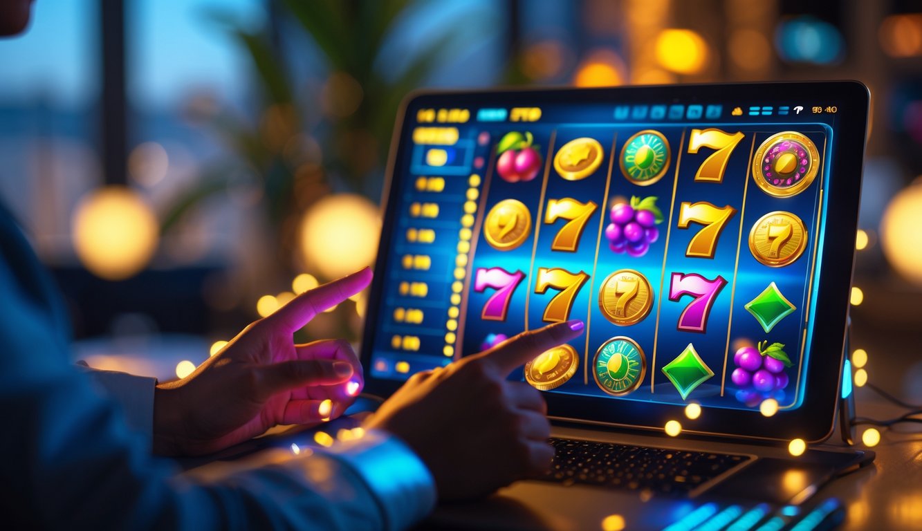 Seseorang menggunakan ponsel untuk bermain mesin slot online dengan tampilan layar penuh simbol warna-warni dan latar belakang ruangan yang nyaman.