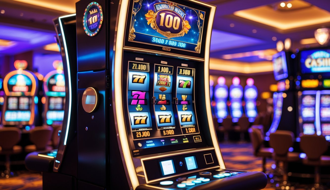 Mesin slot modern dengan lampu berwarna cerah di dalam kasino yang mewah.