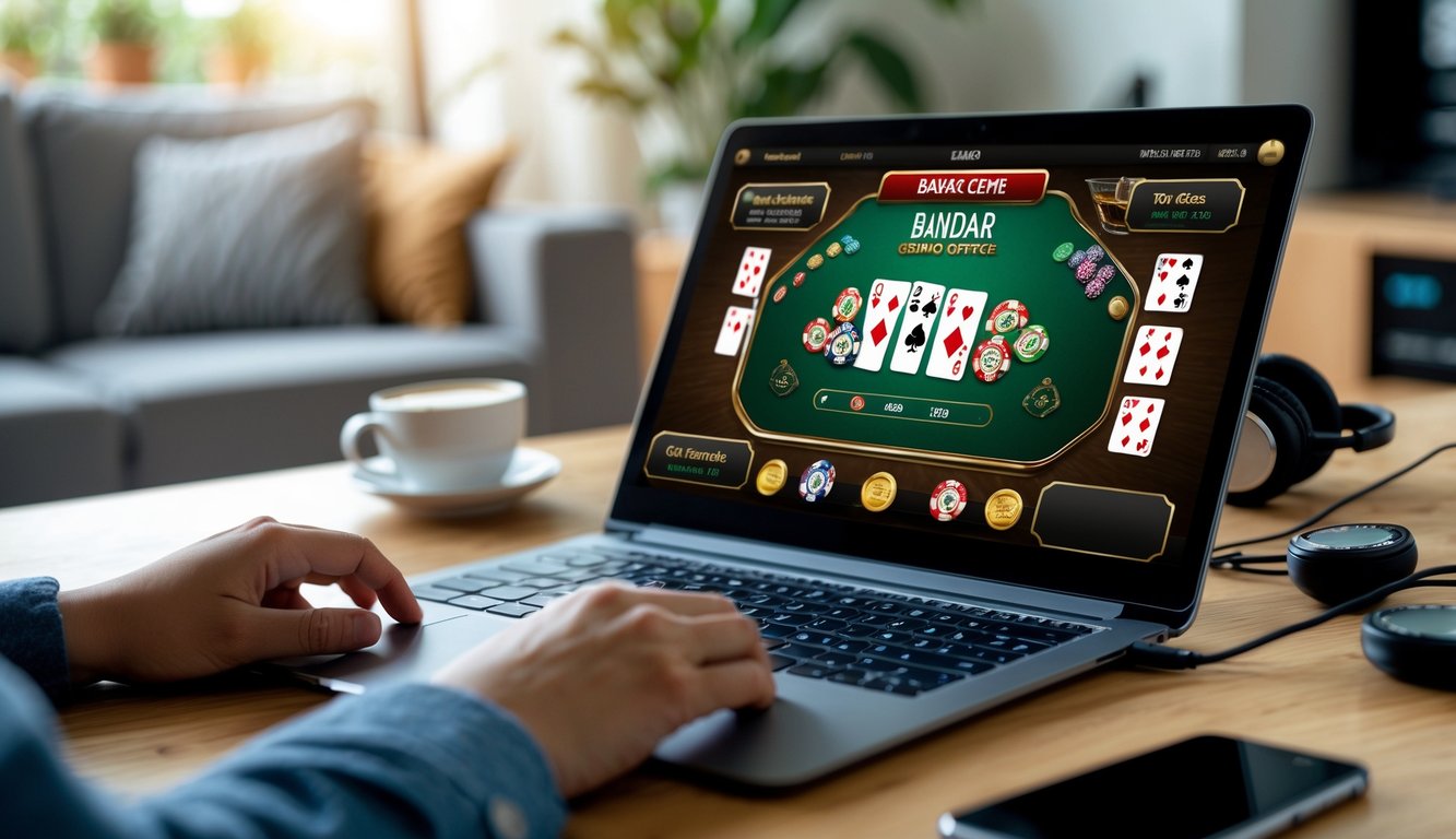 Seseorang bermain permainan kartu Bandar Ceme secara online di laptop di ruang tamu yang nyaman.