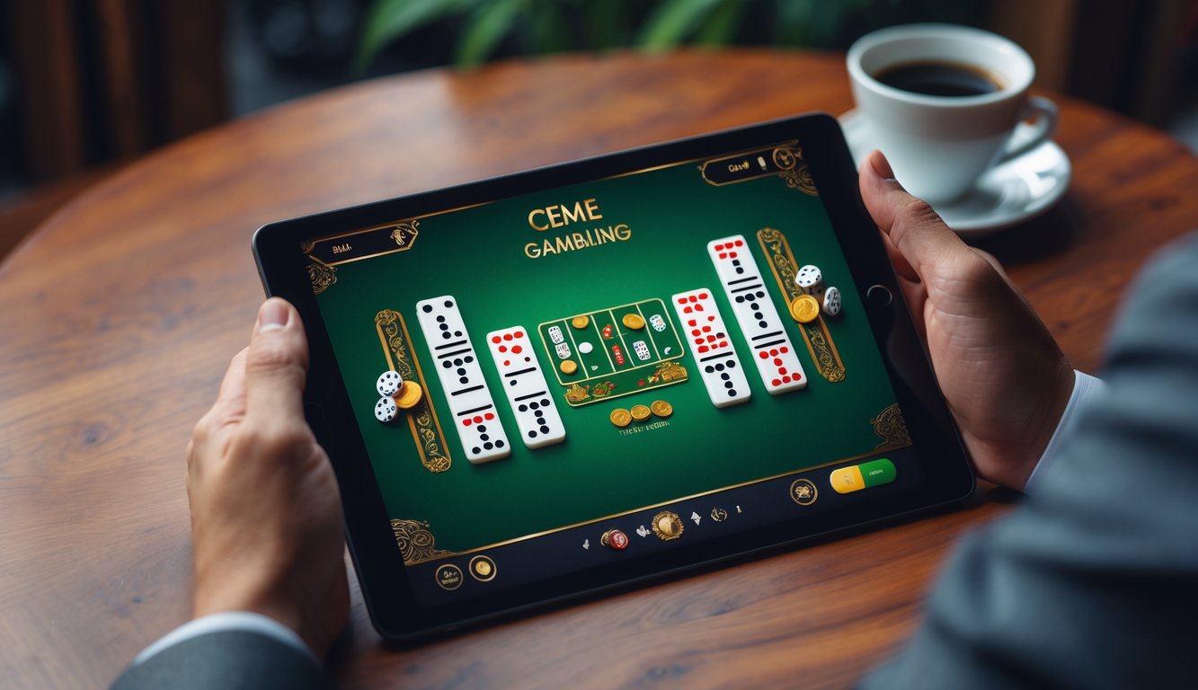 Layar perangkat digital menampilkan permainan Ceme dengan ubin domino dan chip, di atas meja kayu dengan secangkir kopi.