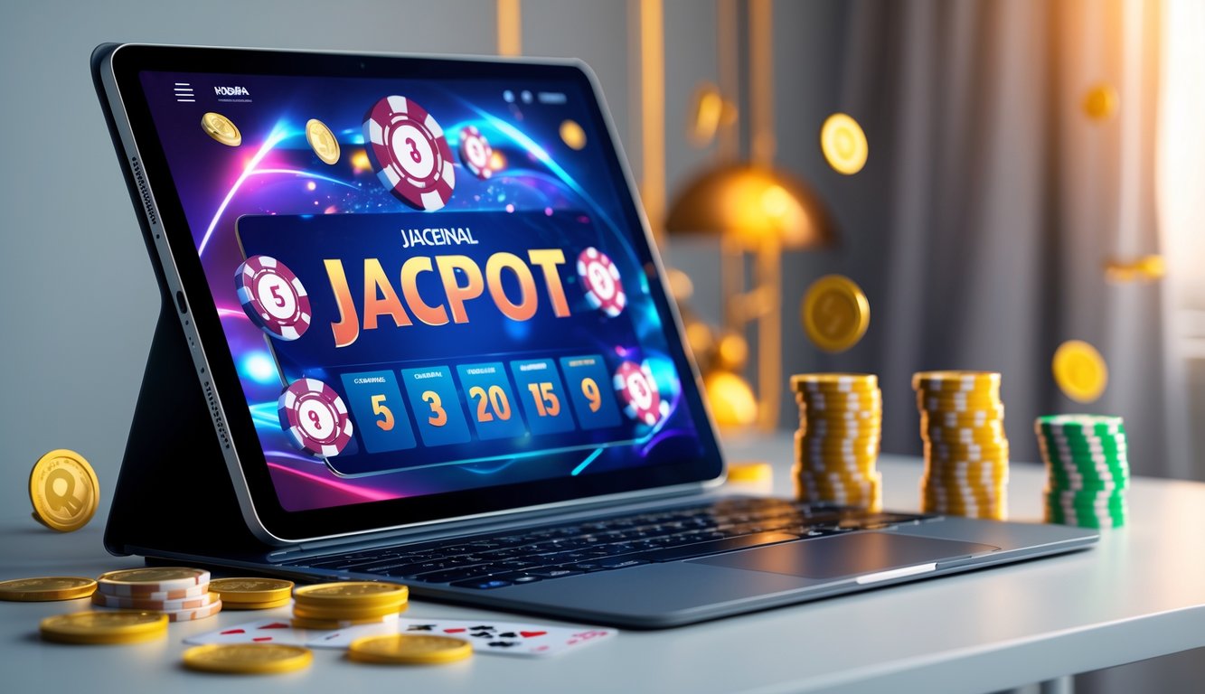 Sebuah laptop modern di atas meja dengan tampilan permainan kasino online dan simbol kemenangan seperti chip poker dan koin emas di sekitarnya.