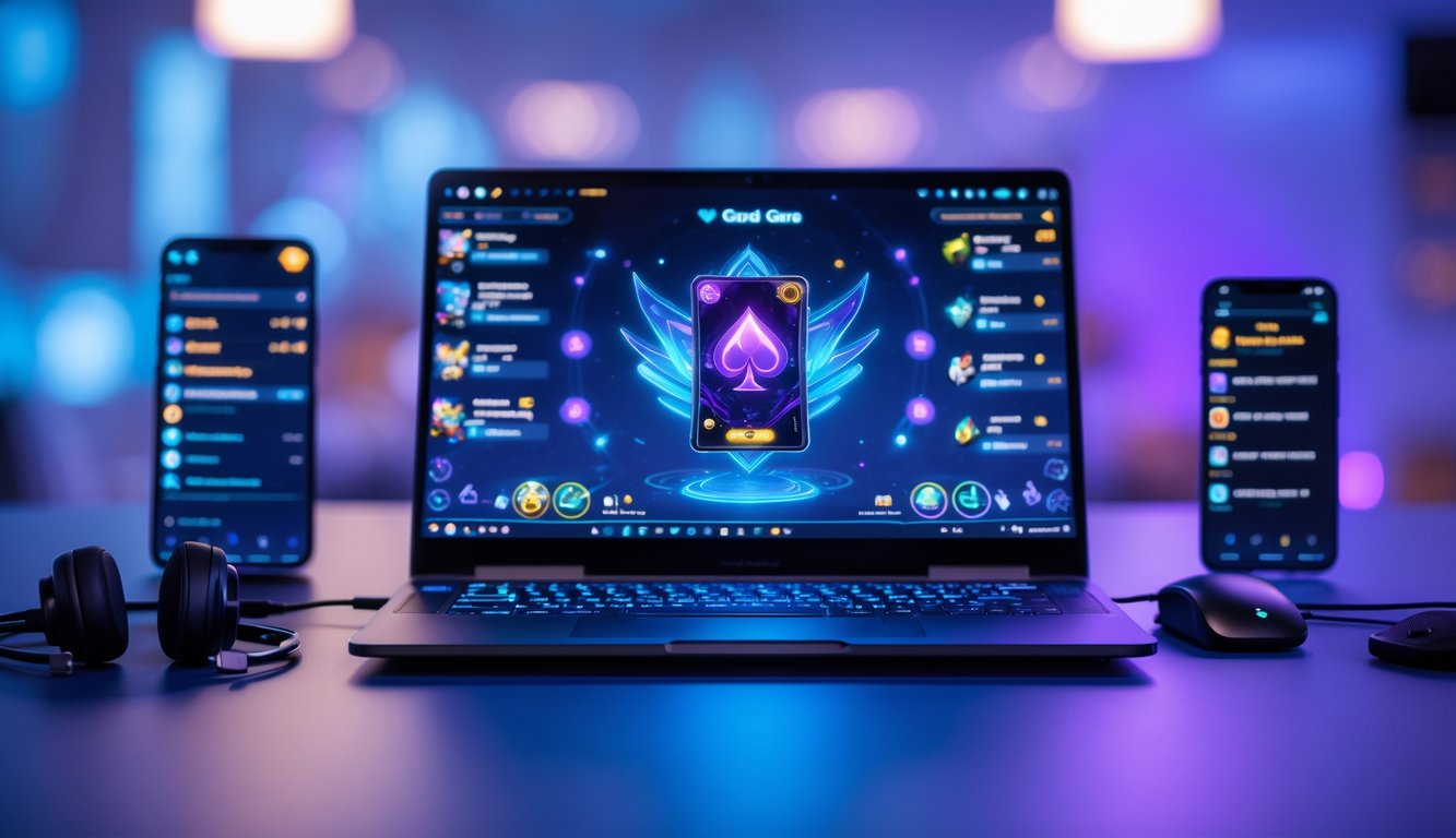 Sebuah meja dengan laptop yang menampilkan permainan kartu digital, dikelilingi oleh aksesori gaming seperti mouse dan headphone.