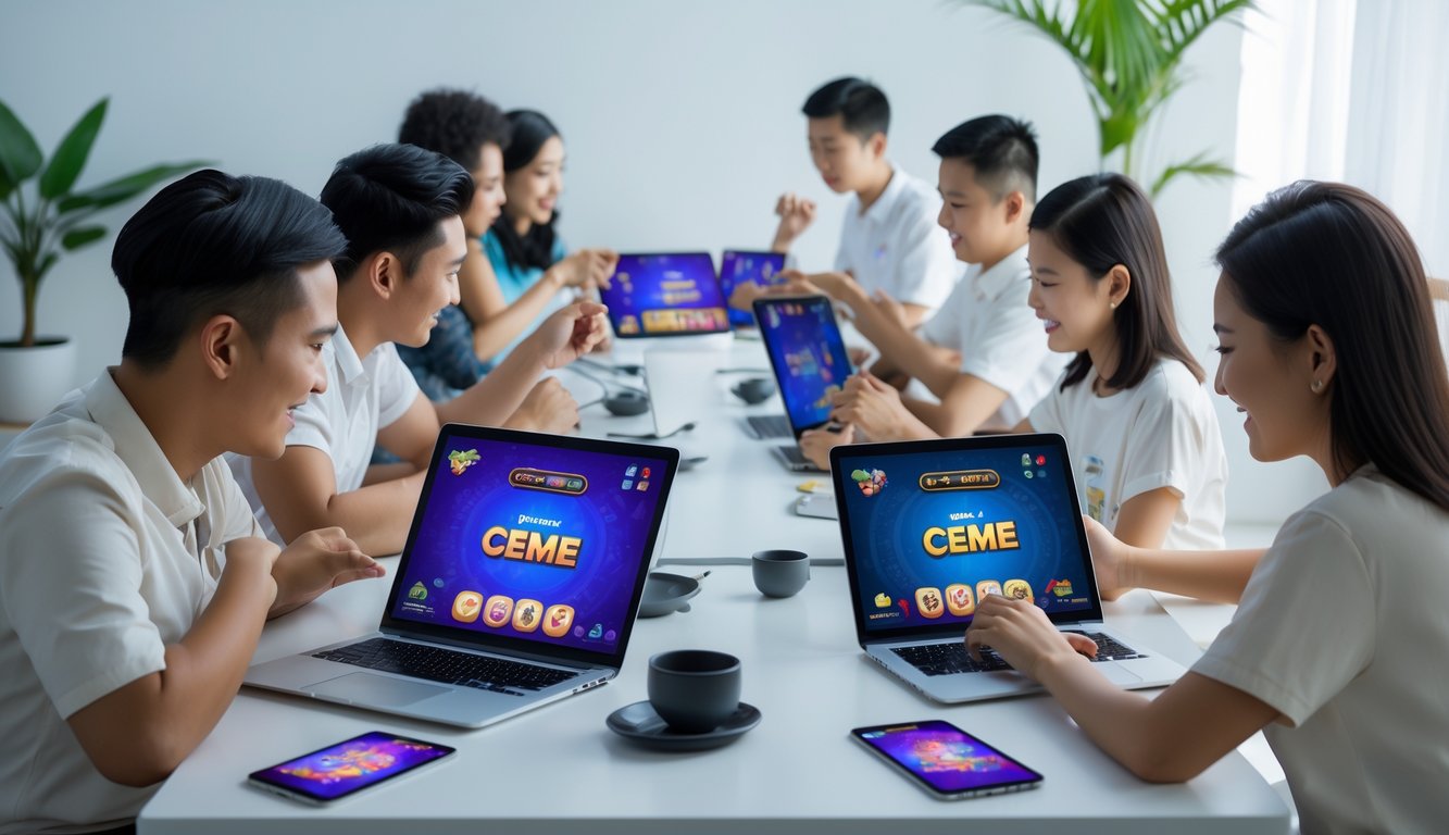 Orang-orang bermain permainan kartu Ceme secara online menggunakan perangkat digital di ruang yang terang dan nyaman.