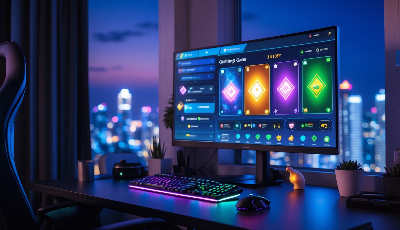 Sebuah ruang kerja modern dengan komputer yang menampilkan permainan kartu digital dan pemandangan kota di malam hari.