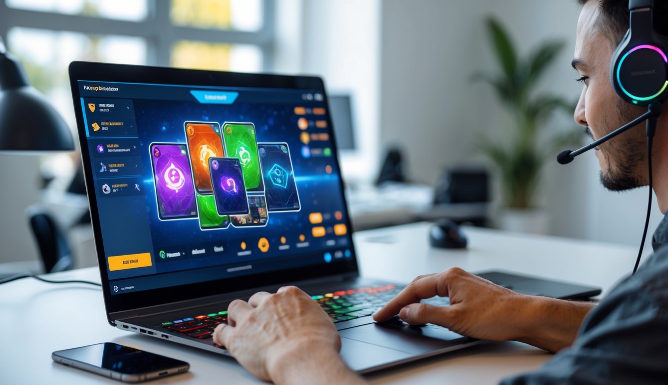 Seseorang bermain permainan kartu online di depan komputer di ruang kerja yang rapi dan terang.