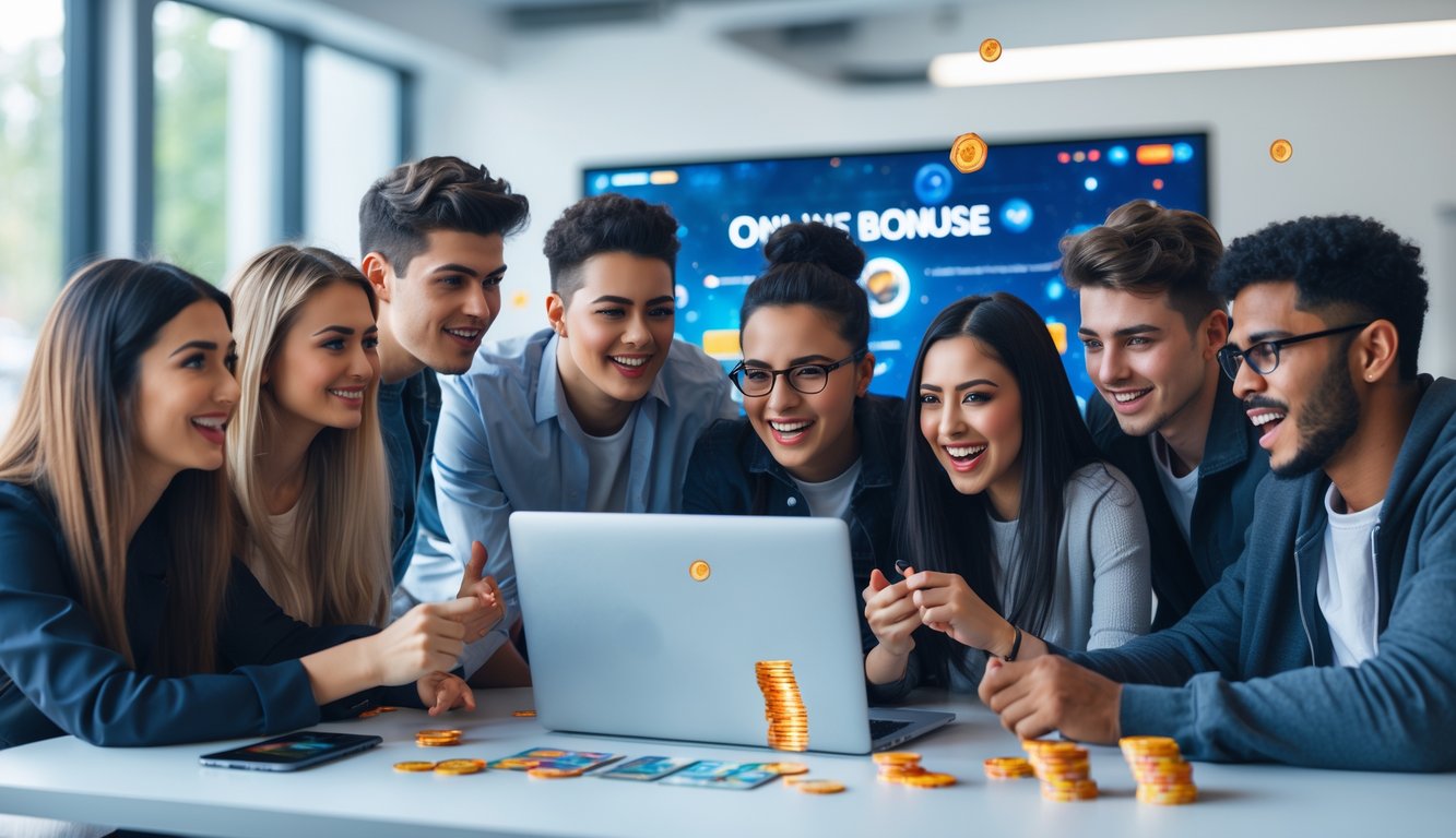 Sekelompok orang muda sedang menggunakan laptop dan ponsel di ruang kerja modern yang terang, terlihat antusias dan fokus pada permainan online.