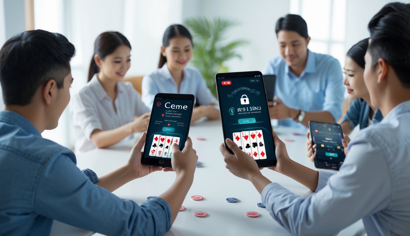 Beberapa orang menggunakan perangkat digital untuk bermain permainan kartu Ceme secara online dalam ruangan yang terang dan nyaman.