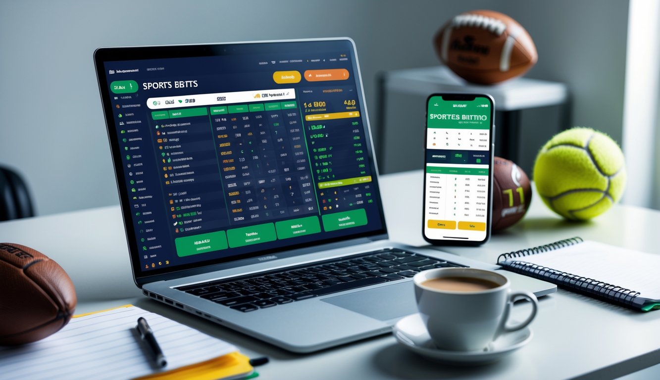 Seorang pengguna duduk di depan laptop dan ponsel dengan tampilan aplikasi taruhan olahraga, di meja terdapat bola sepak, bola basket, dan bola tenis.