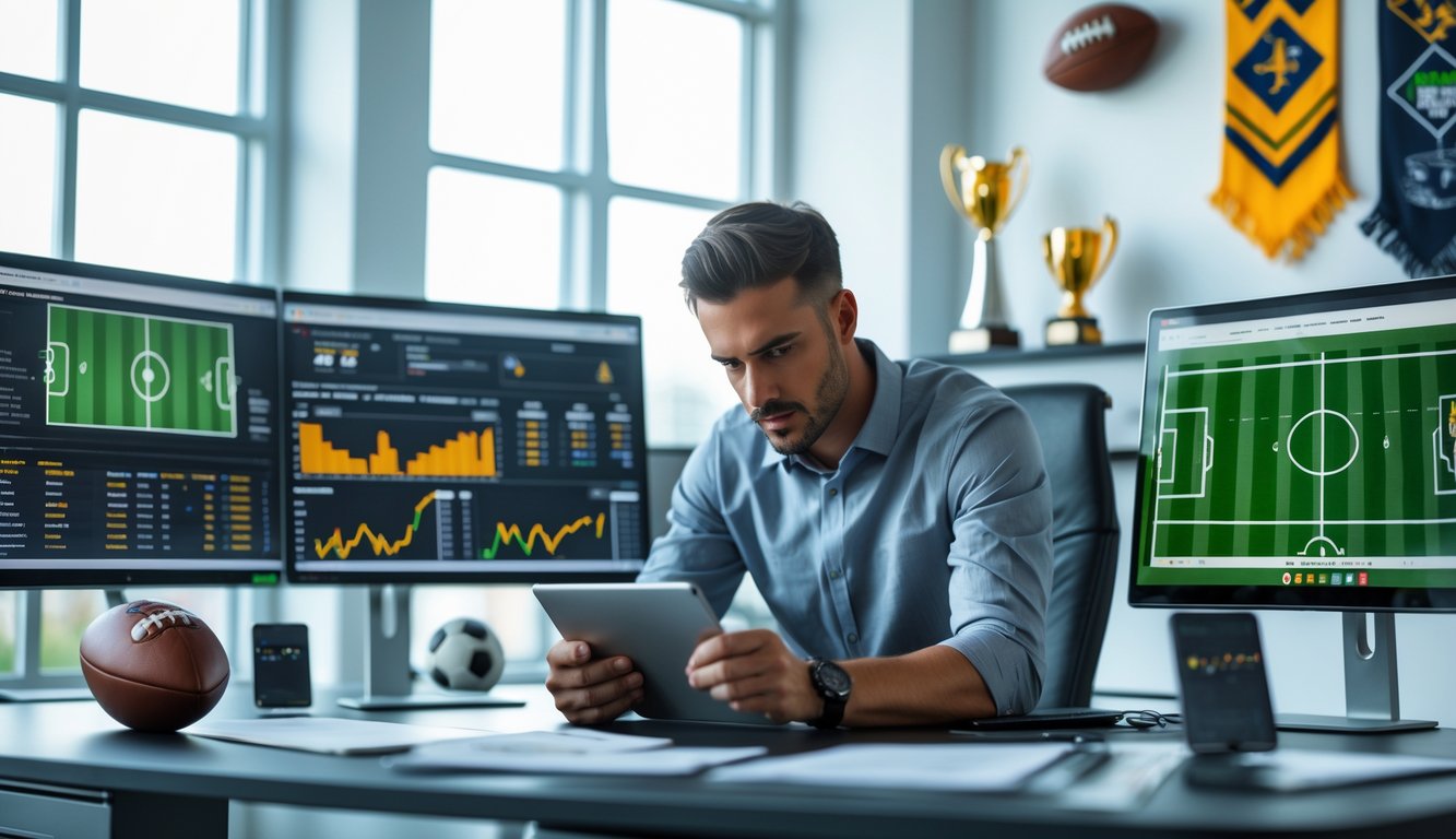 Seorang analis sepak bola sedang bekerja di depan beberapa layar komputer yang menampilkan statistik dan analisis pertandingan sepak bola.