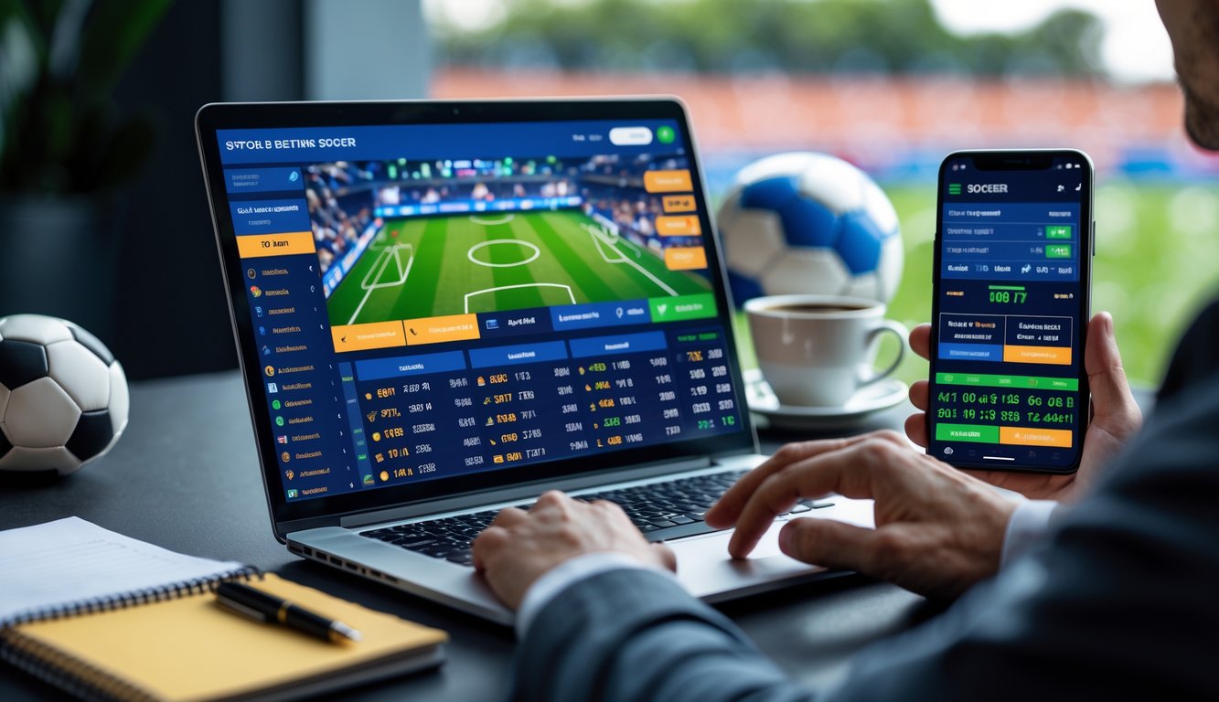 Seorang pria menggunakan laptop dan ponsel untuk memasang taruhan bola online di meja kerja dengan bola sepak dan suasana stadion di latar belakang.
