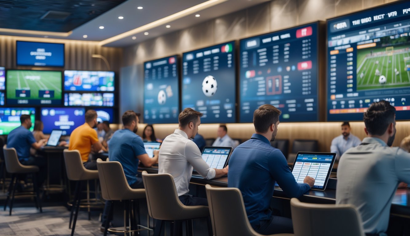 Orang-orang sedang menggunakan perangkat digital di ruang sportsbook modern dengan layar besar menampilkan acara olahraga langsung.