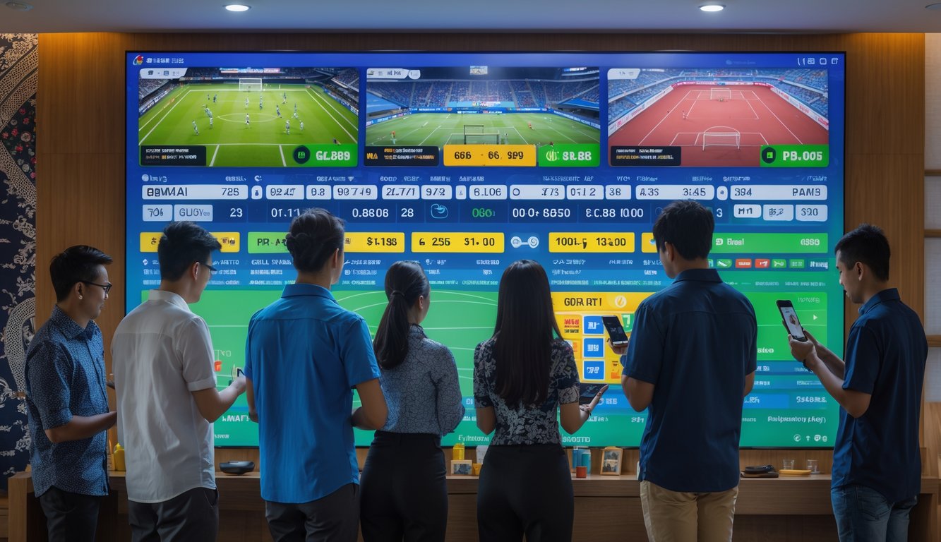 Sekelompok orang Indonesia sedang melihat layar digital besar dengan grafik olahraga dan membahas taruhan olahraga.