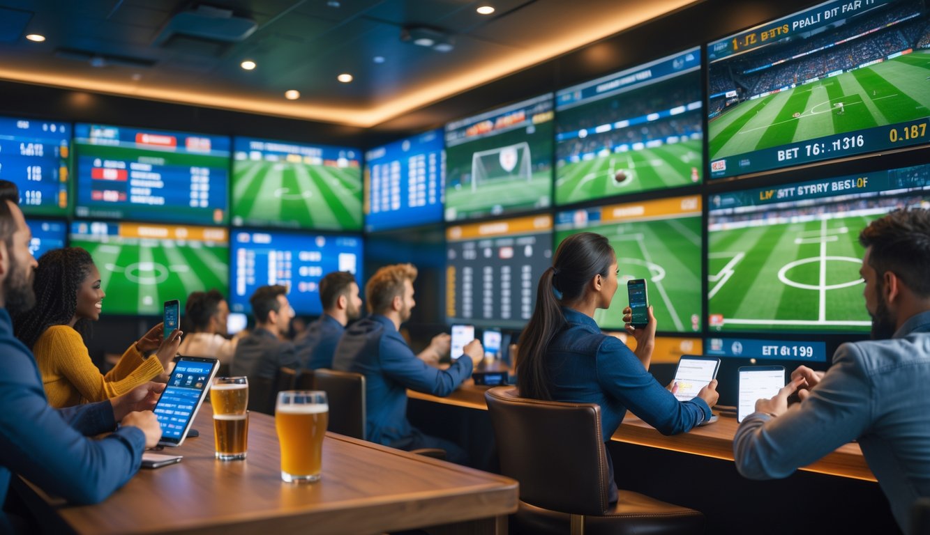Orang-orang menonton pertandingan sepak bola langsung di sebuah ruang taruhan dengan layar besar dan menggunakan perangkat untuk memasang taruhan.